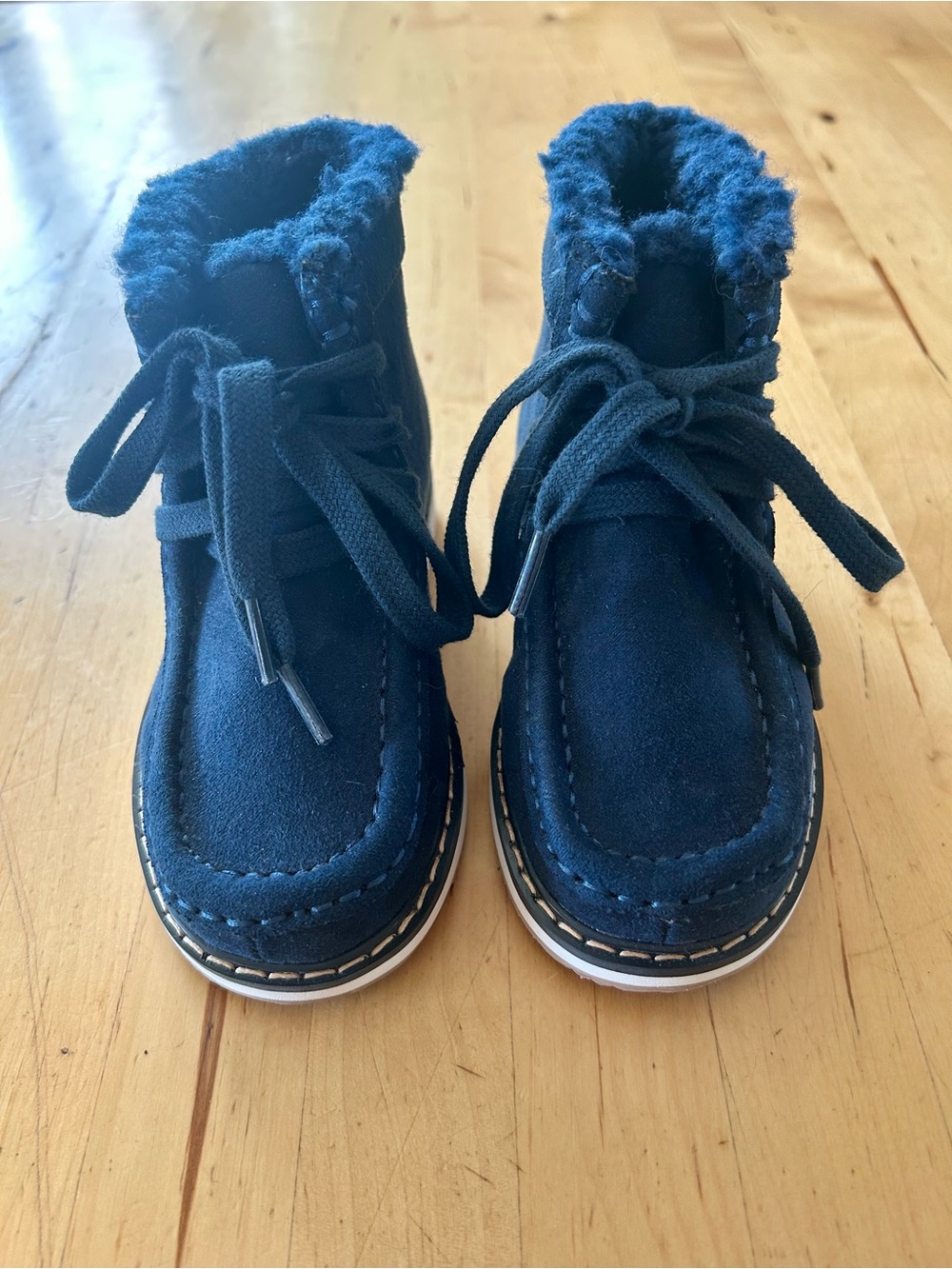Baby Gap Moc Toe Boots Navy Blue Faux Fur Fleece Trim Lace Up Booties Sz 8 NWOT